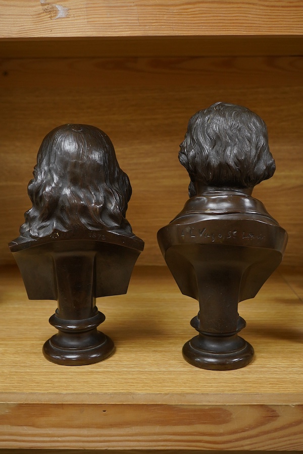 Two bronze busts of Oliver Cromwell, indistinctly signed and Thomas Carlyle, largest 26cm high